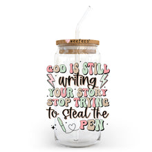 Load image into Gallery viewer, a glass jar with a straw in it that says god is still writing your story
