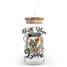 Load image into Gallery viewer, a jar with a straw in it that says faith we are love
