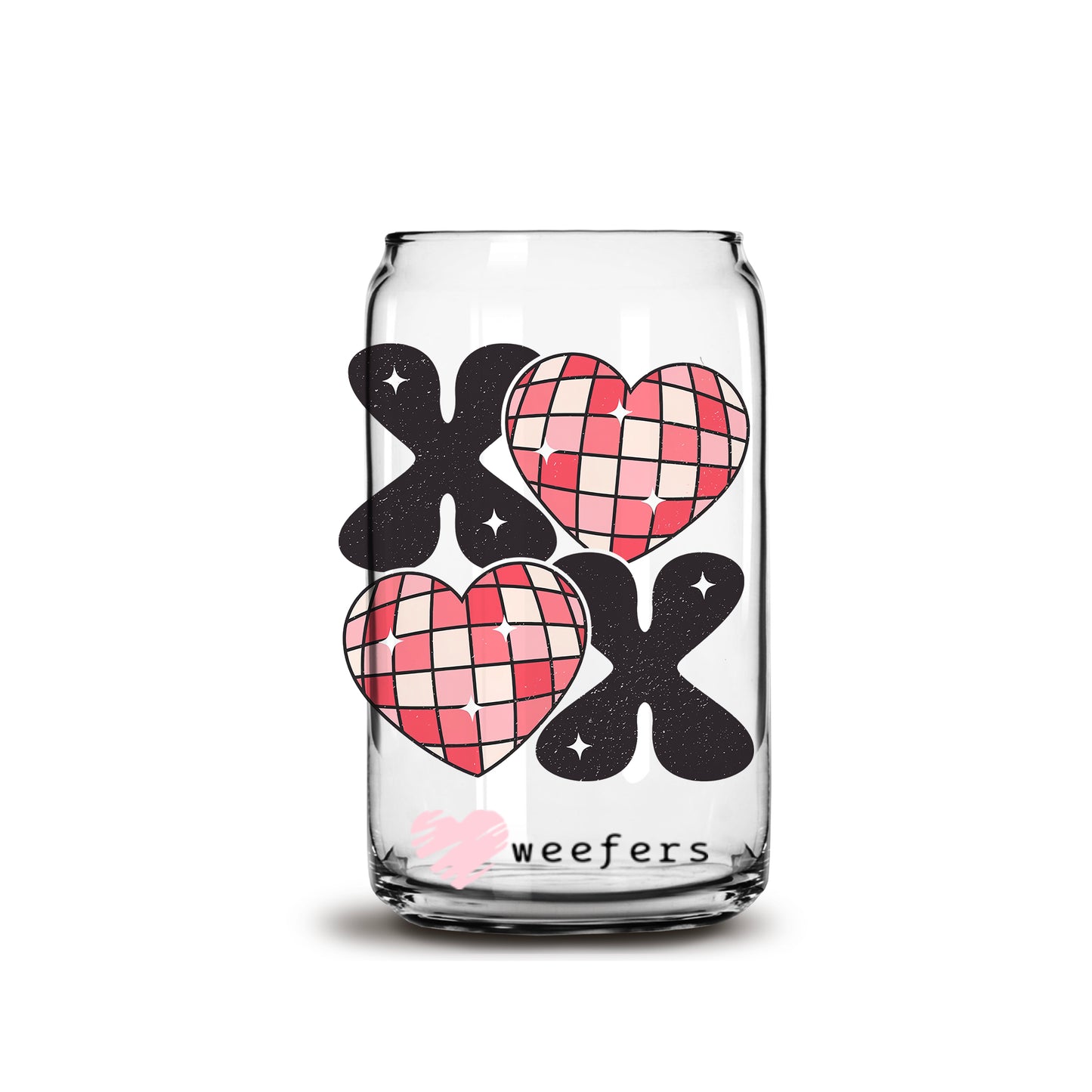 Disco Ball Hearts XOXO Valentine's Day 16oz Libbey Glass Can UV DTF or Sublimation Cup Wrap - Decal Transfer - Weefers