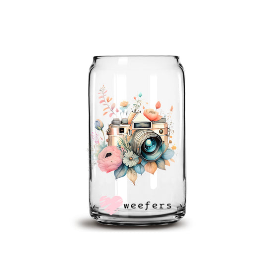 Floral Camera 16oz Libbey Glass Can UV DTF or Sublimation Cup Wrap - Decal Transfer - Weefers