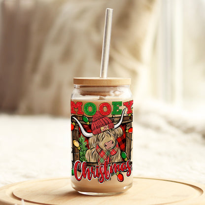 Mooey Christmas Cow 16oz Libbey Glass Can UV DTF or Sublimation Wrap - Decal Transfer - Weefers