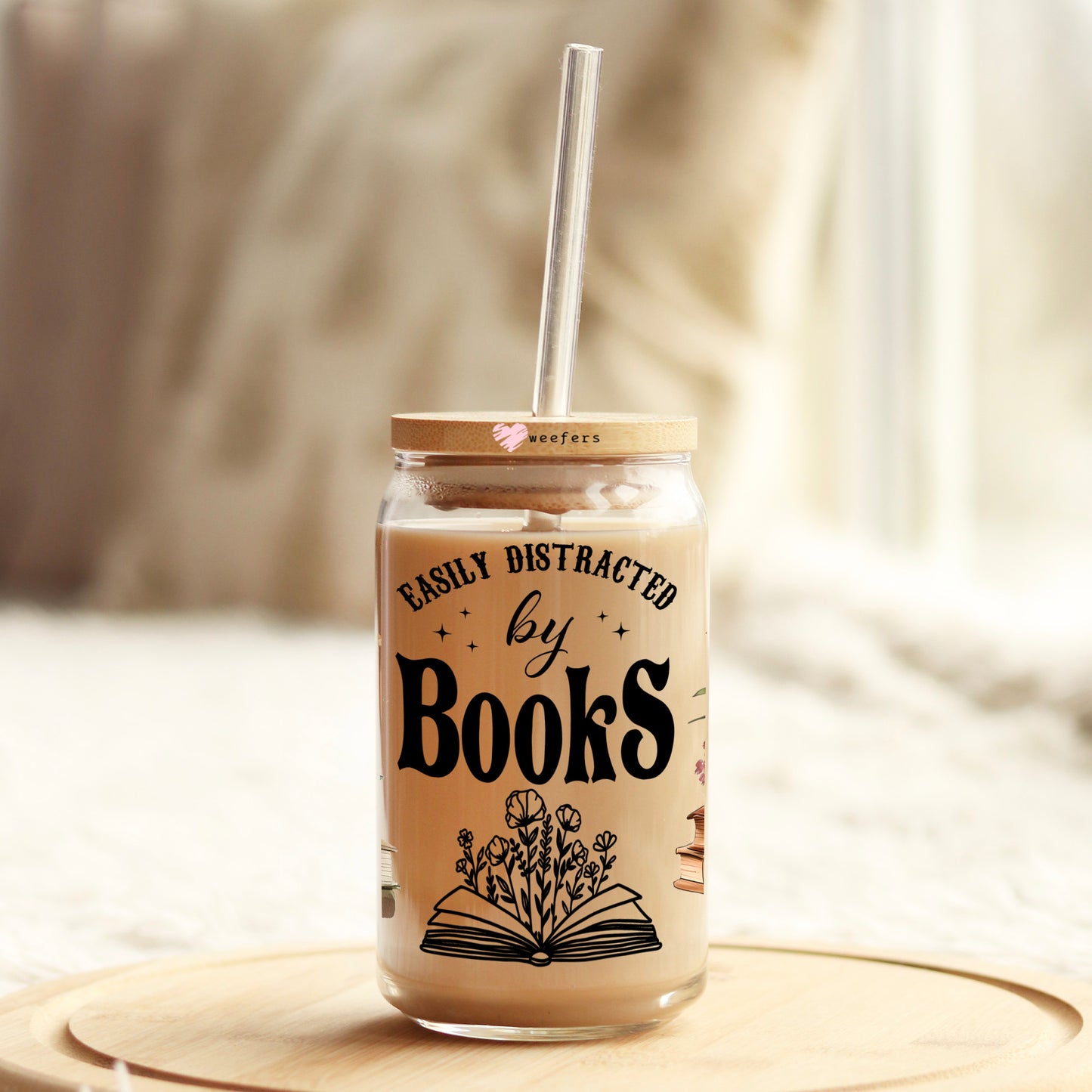 Easily Distracted by Books 16oz Libbey Glass Can UV DTF or Sublimation Cup Wrap - Decal Transfer - Weefers