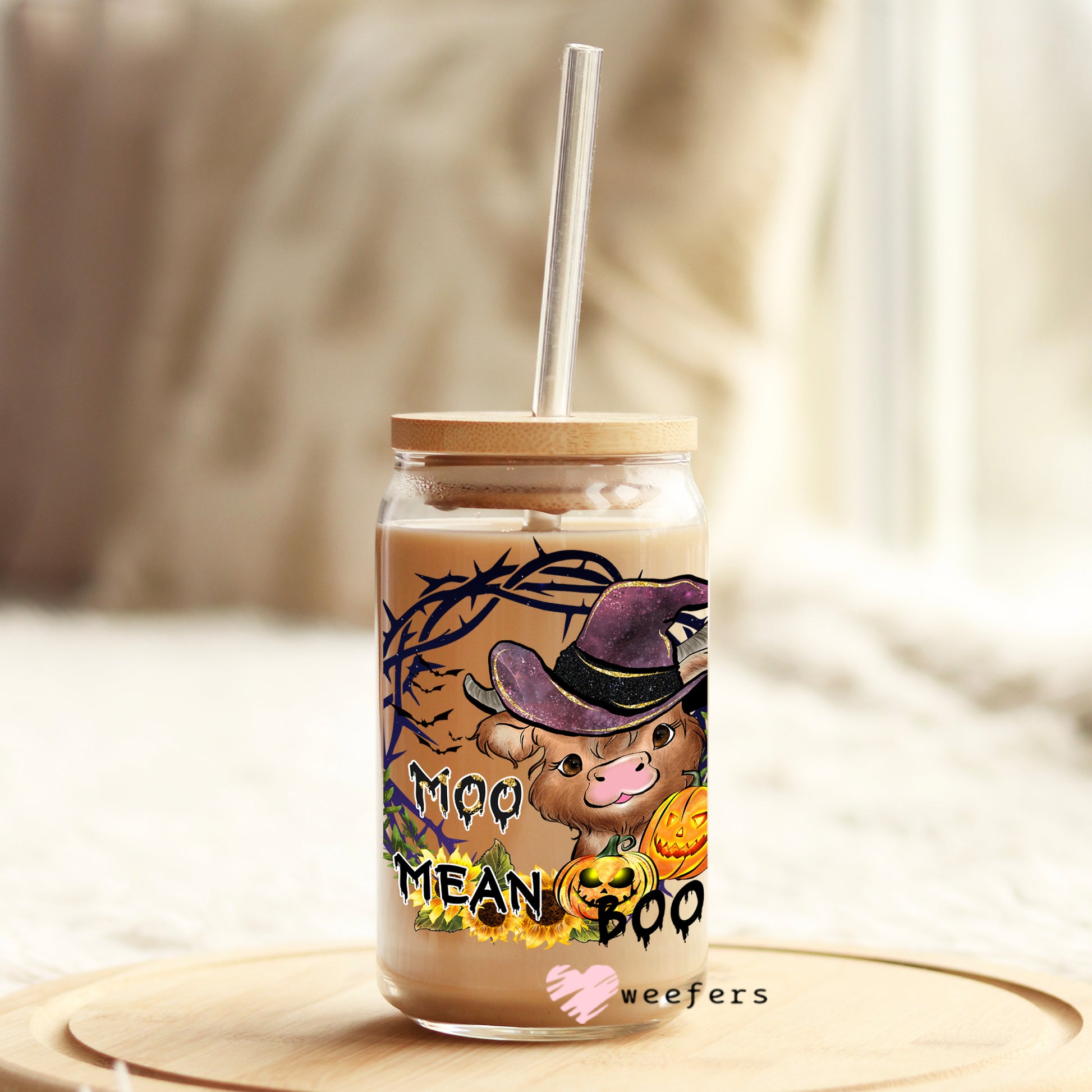 Moo I mean Boo Cute Cow Halloween 16oz Libbey Glass Can UV DTF or Sublimation Wrap - Decal - Weefers