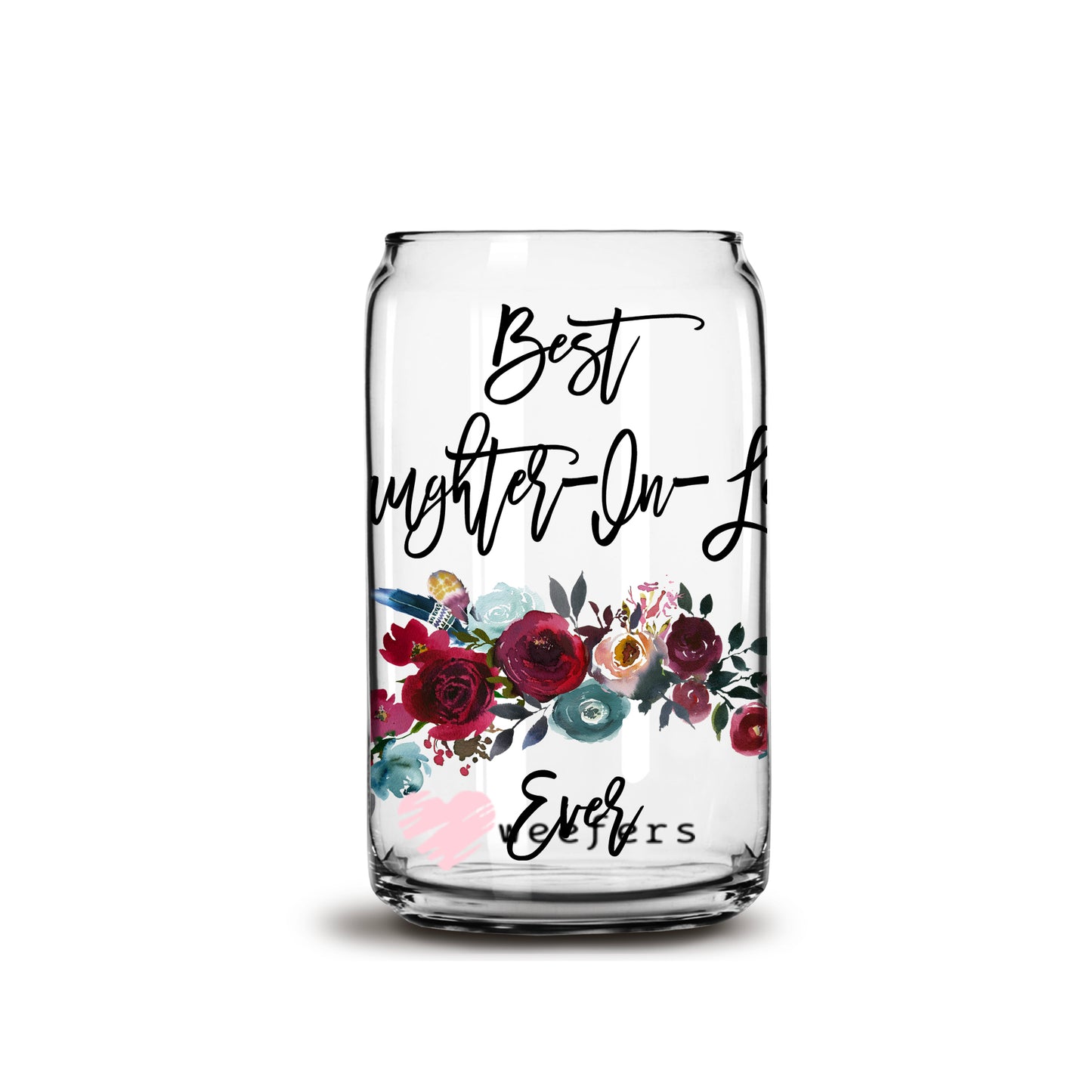 Best Daughter In Law Ever Burgundy Floral 16oz Libbey Glass Can UV DTF or Sublimation Wrap - Decal - Weefers