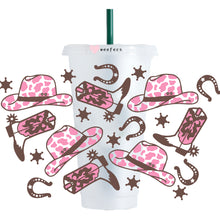 Load image into Gallery viewer, Pink and Brown Cowgirl Boots  24oz UV-DTF Cold Cup Wrap - Ready to apply Wrap - NO HOLE
