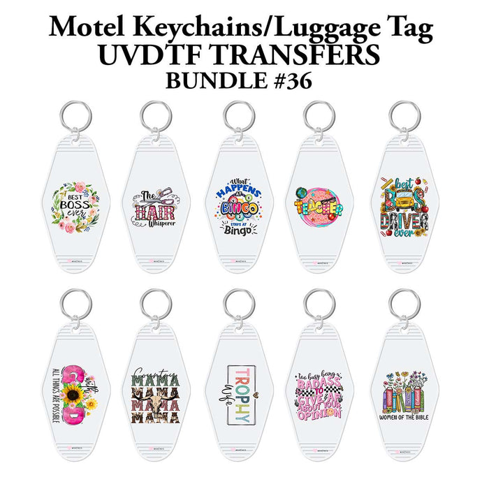 a set of eight key chains with different designs on them
