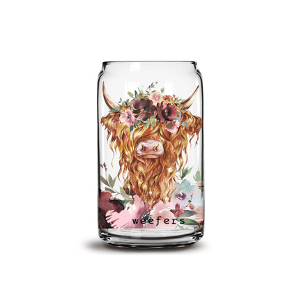 Pink Floral Highlander Cow Libbey Glass Can UV DTF or Sublimation Wrap - Decal - Weefers