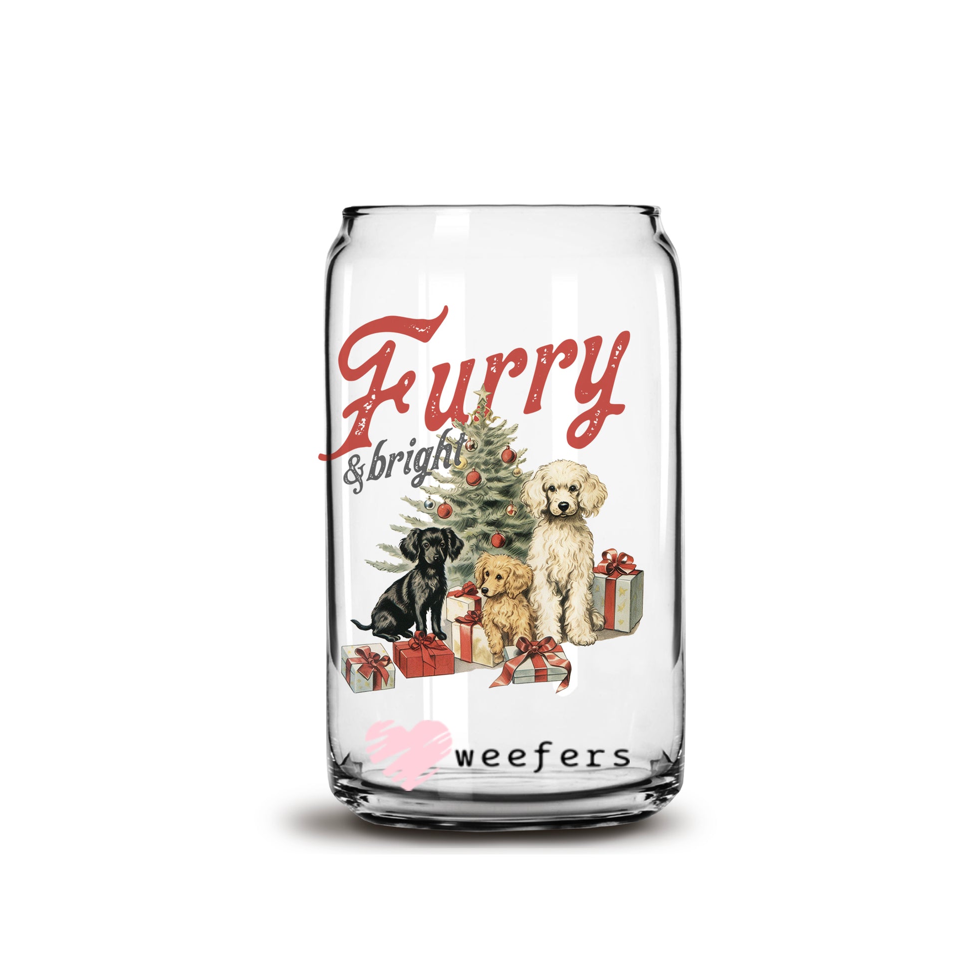 Furry and Bright Dog Vintage Christmas 16oz Libbey Glass Can UV DTF or Sublimation Wrap - Decal - Weefers