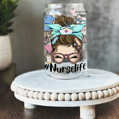 Nurse Life Messy Bun 16oz Libbey Glass Can UV DTF or Sublimation Wrap - Decal - Weefers