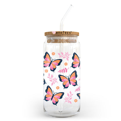 Pink Orange and Black Butterflies 20oz Libbey Glass Can UV DTF or Sublimation Wrap - Decal Transfer - Weefers