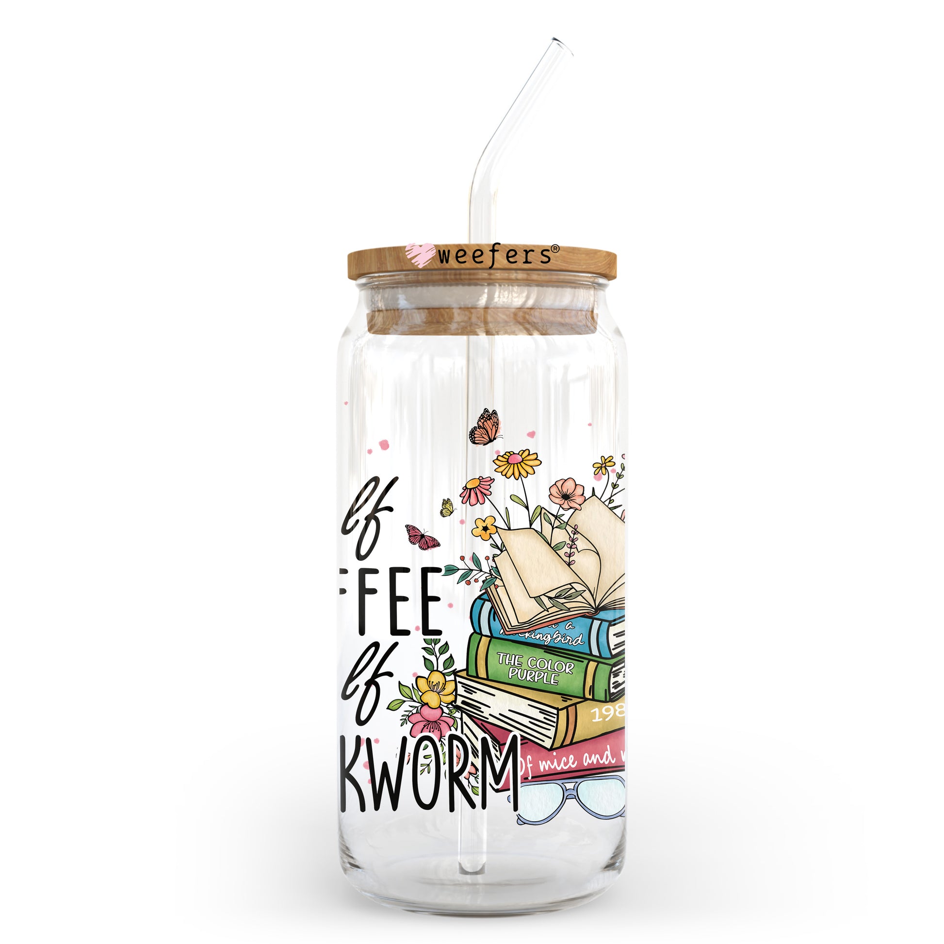Half Coffee Half Bookworm 20oz Libbey Glass Can UV DTF or Sublimation Wrap - Decal Transfer Weefers