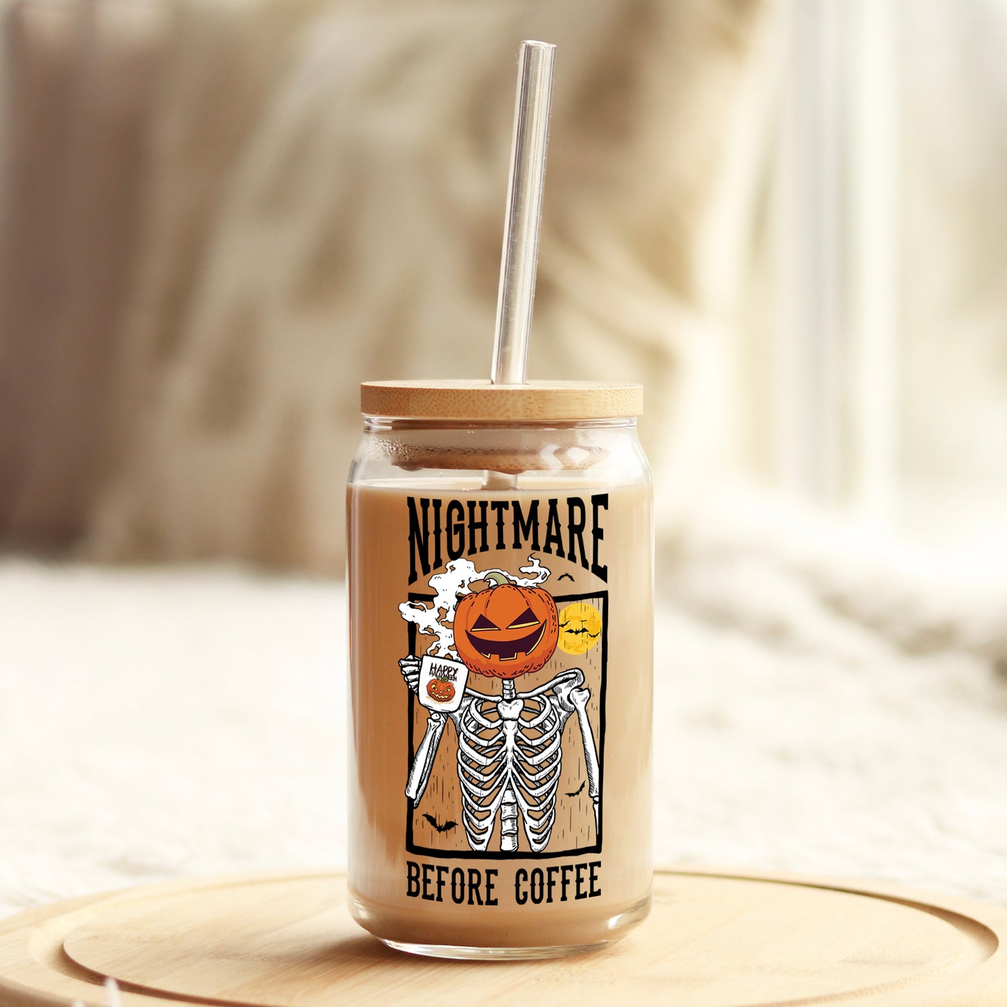 Nightmare Before Coffee Halloween 16oz Libbey Glass Can UV DTF or Sublimation Wrap - Decal - Weefers