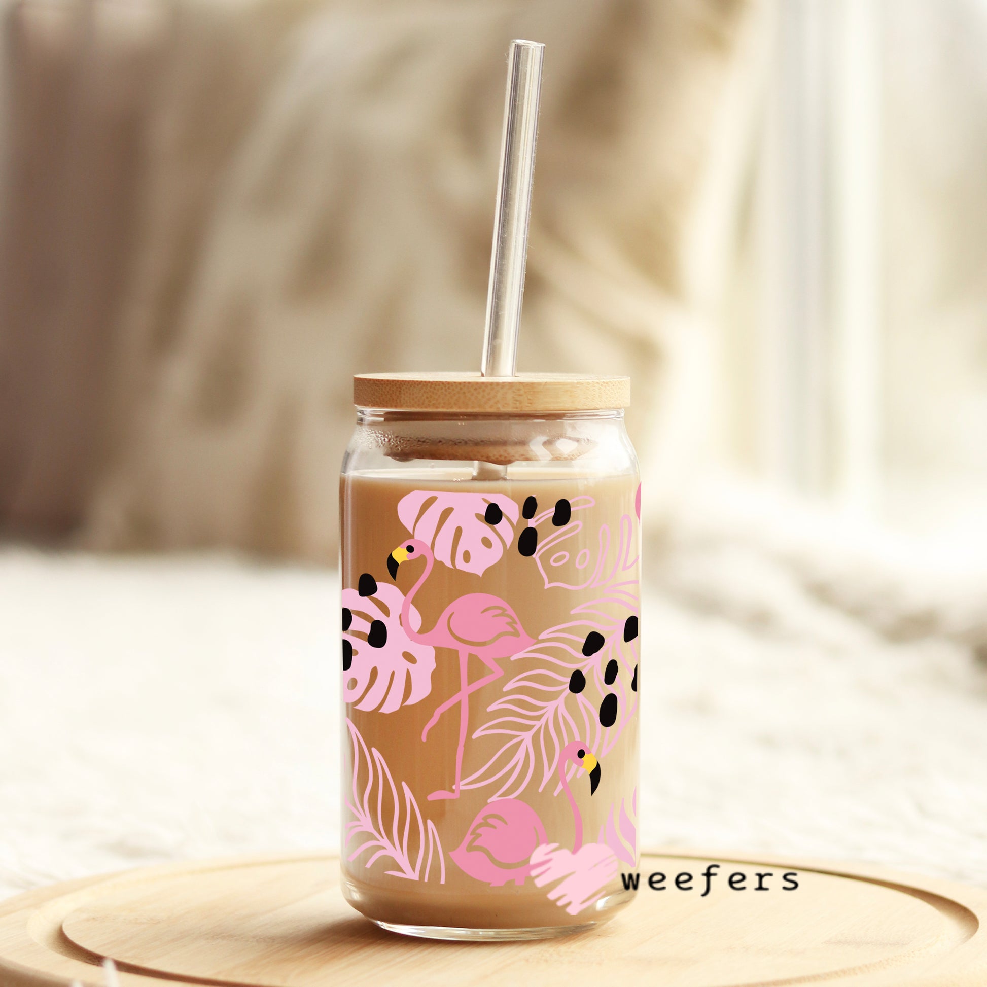 Pink Flamingo 16oz Libbey Glass Can UV DTF or Sublimation Wrap - Decal - Weefers