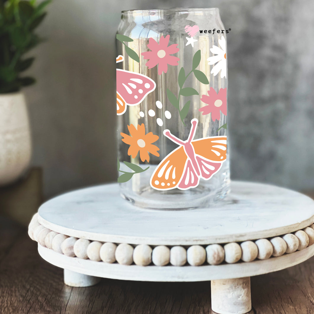 Orange and Pink Butterflies 16oz Libbey Glass Can UV-DTF or Sublimation Wrap - Decal
