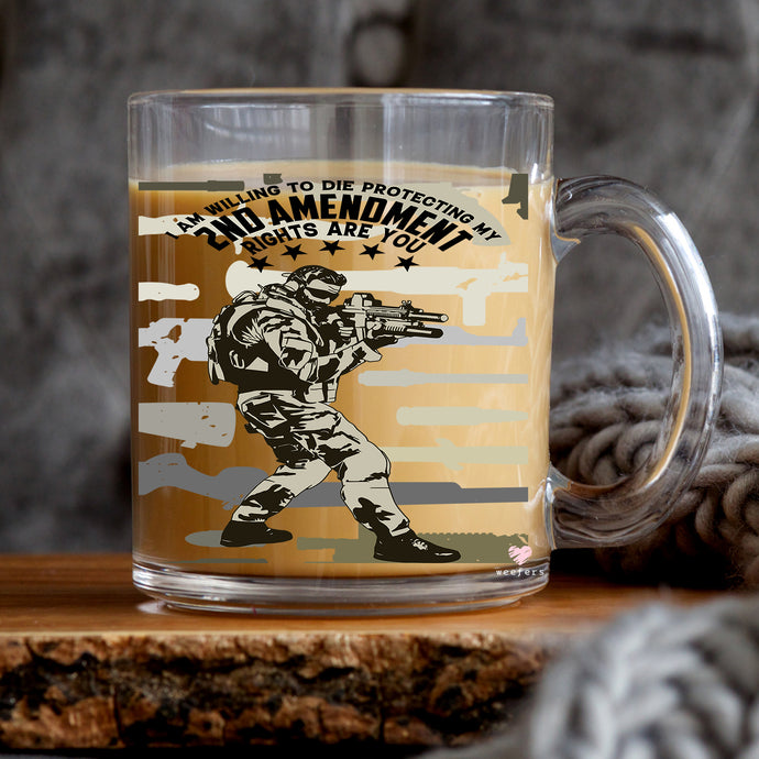 a glass mug with a picture of a soldier holding a gun