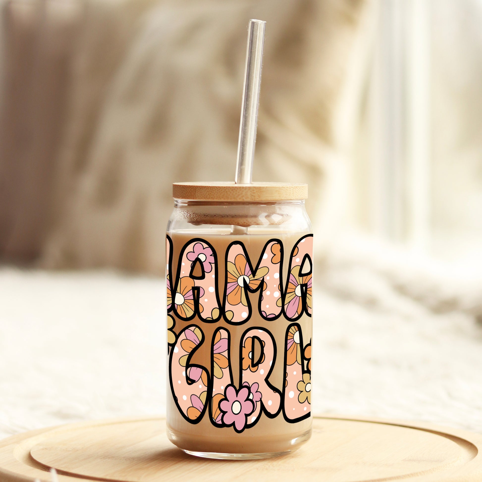 Mamas Girl Floral 16oz Libbey Glass Can UV DTF or Sublimation Cup Wrap - Decal Transfer - Weefers