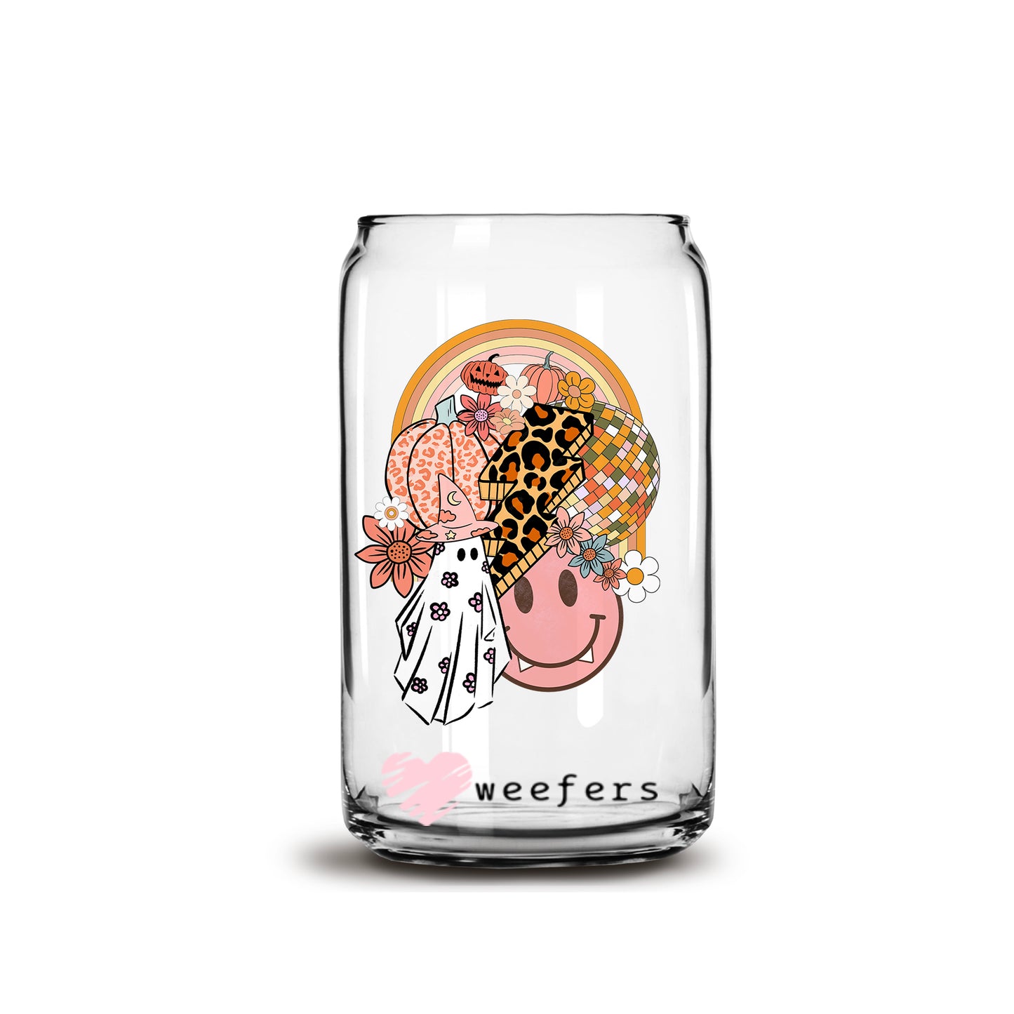 Retro Smile Leopard Ghose Halloween 16oz Libbey Glass Can UV DTF or Sublimation Wrap - Decal - Weefers