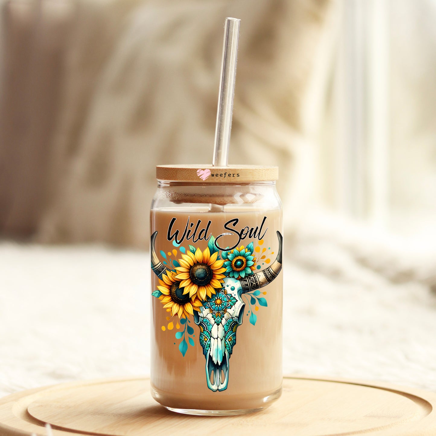 Wild Soul Cow Skull Sunflowers 16oz Libbey Glass Can UV DTF or Sublimation Cup Wrap - Decal Transfer - Weefers