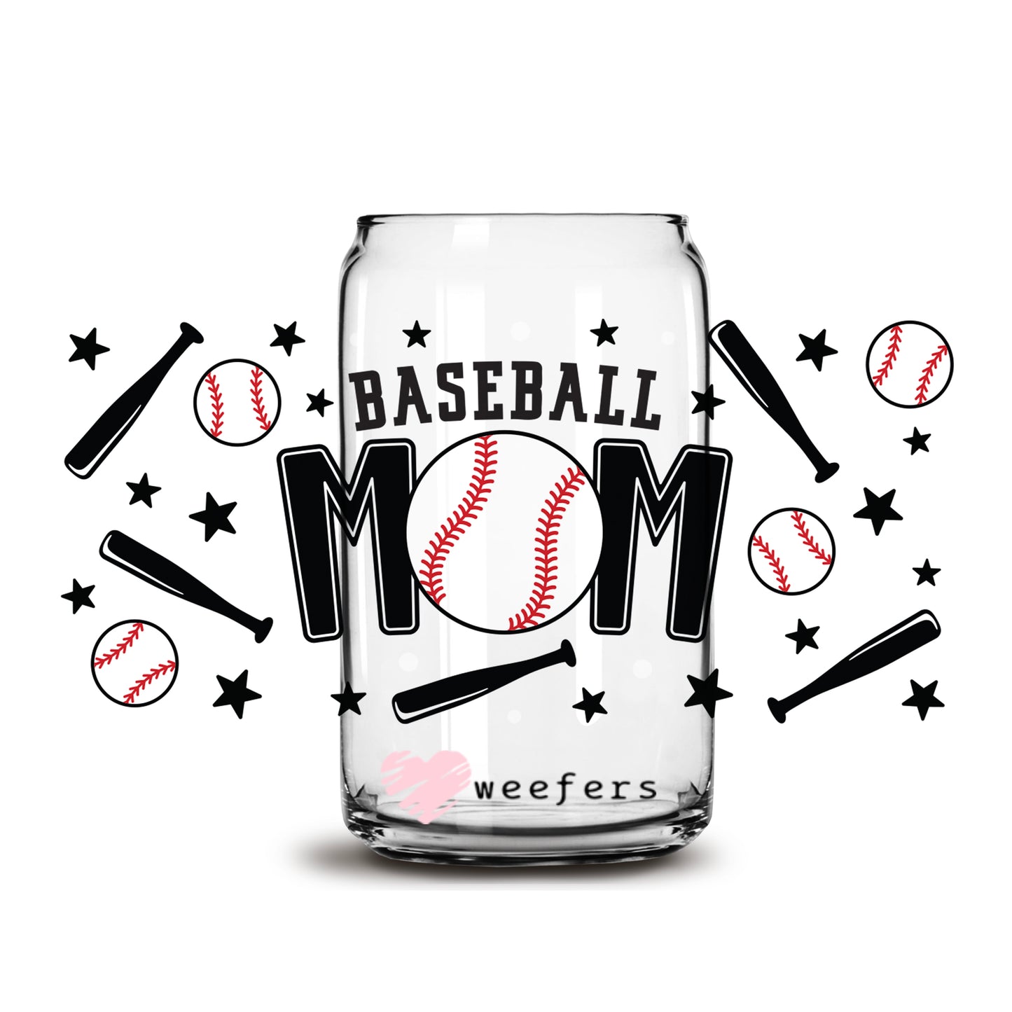 Baseball Mom Bats and Balls 16oz Libbey Glass Can UV DTF or Sublimation Wrap - Decal - Weefers