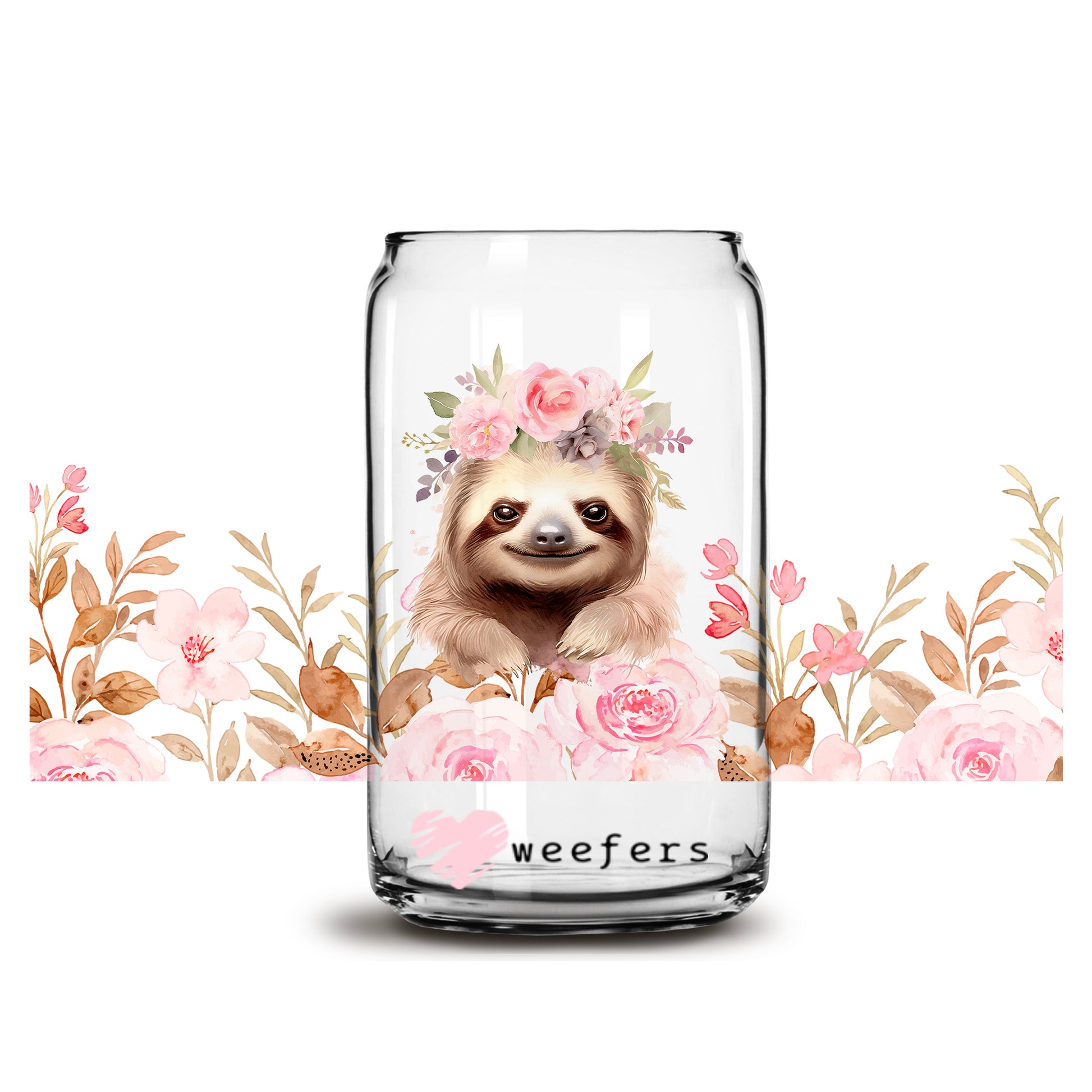 Pink Floral Sloth 16oz Libbey Glass Can UV DTF or Sublimation Cup Wrap - Decal Transfer - Weefers