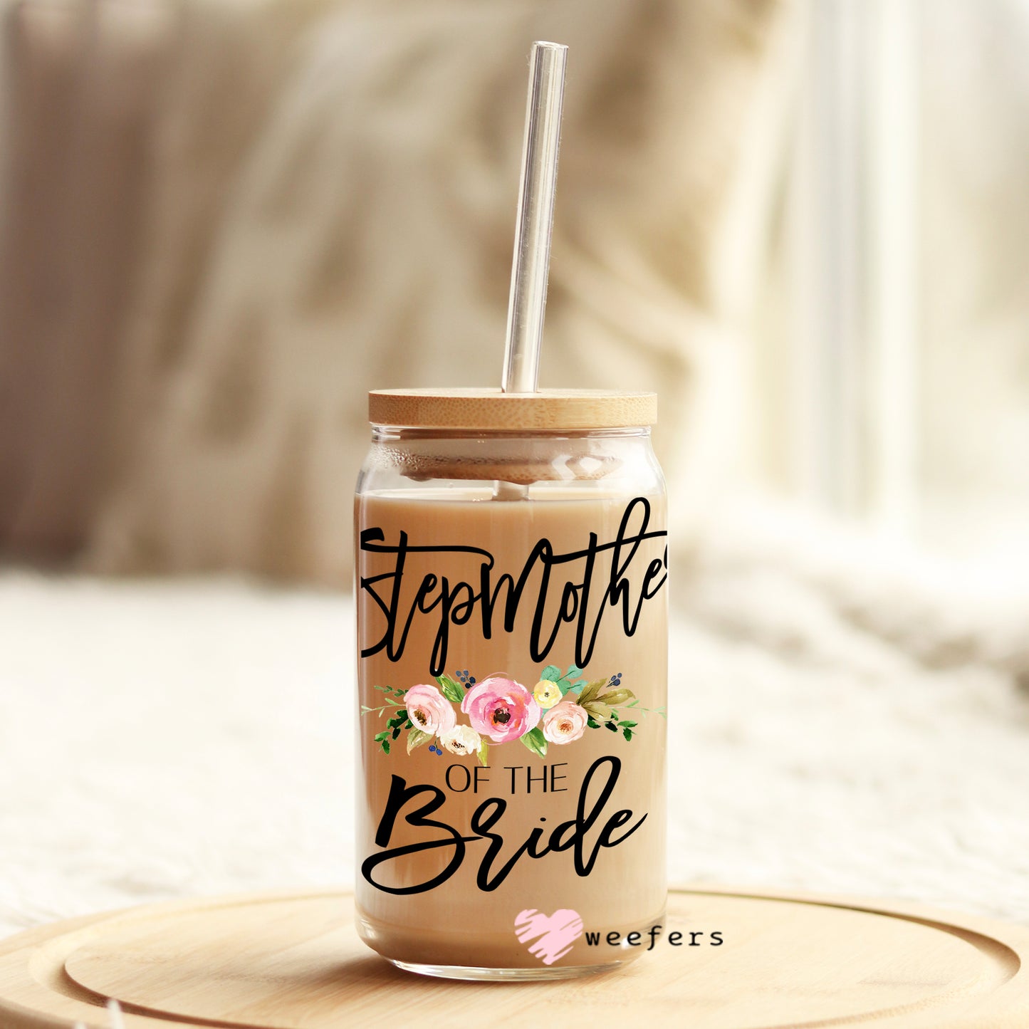 Stepmother of the Bride Blush Floral 16oz Libbey Glass Can UV DTF or Sublimation Wrap - Decal - Weefers