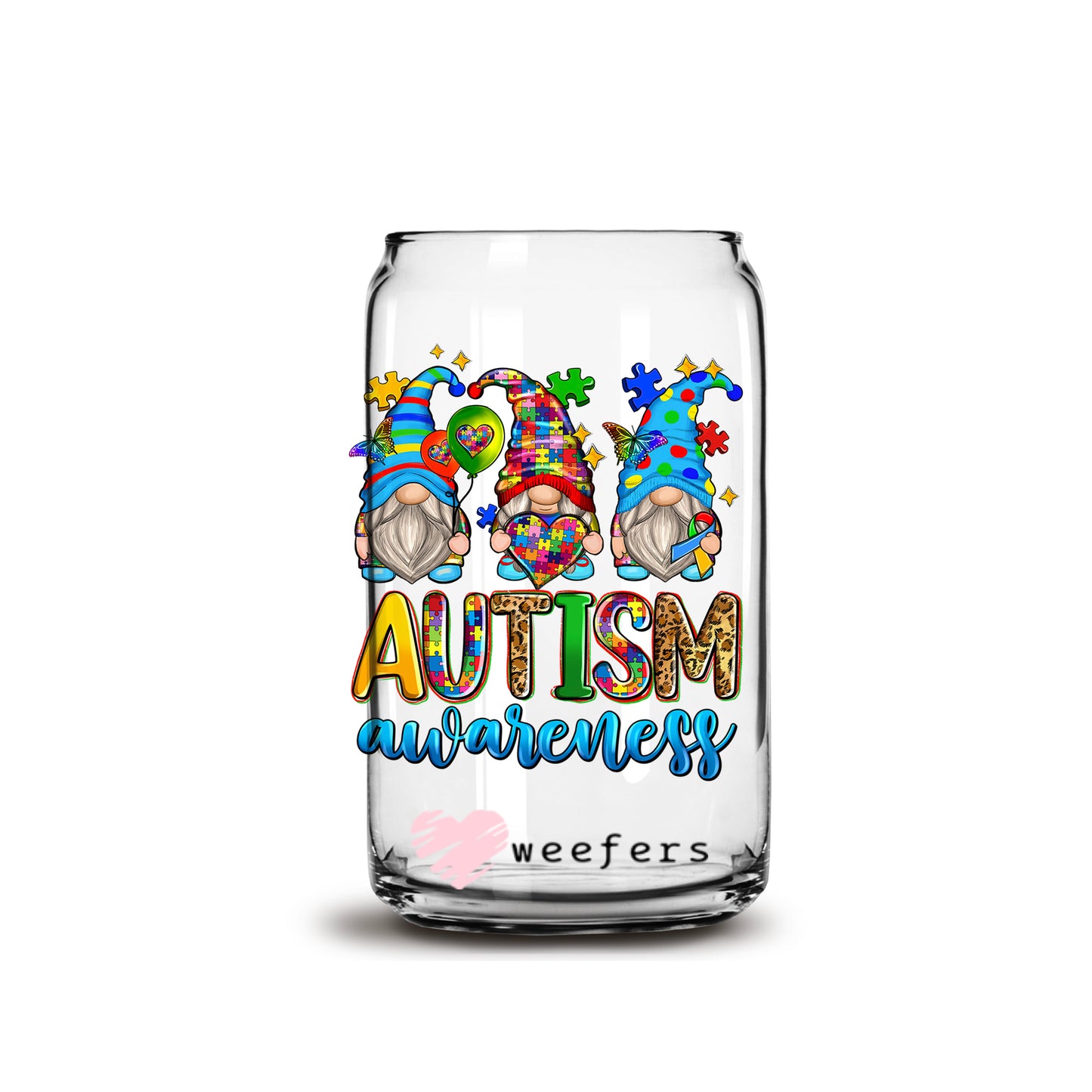 Autism Awareness Gnomes16oz Libbey Glass Can UV DTF or Sublimation Wrap - Decal Weefers