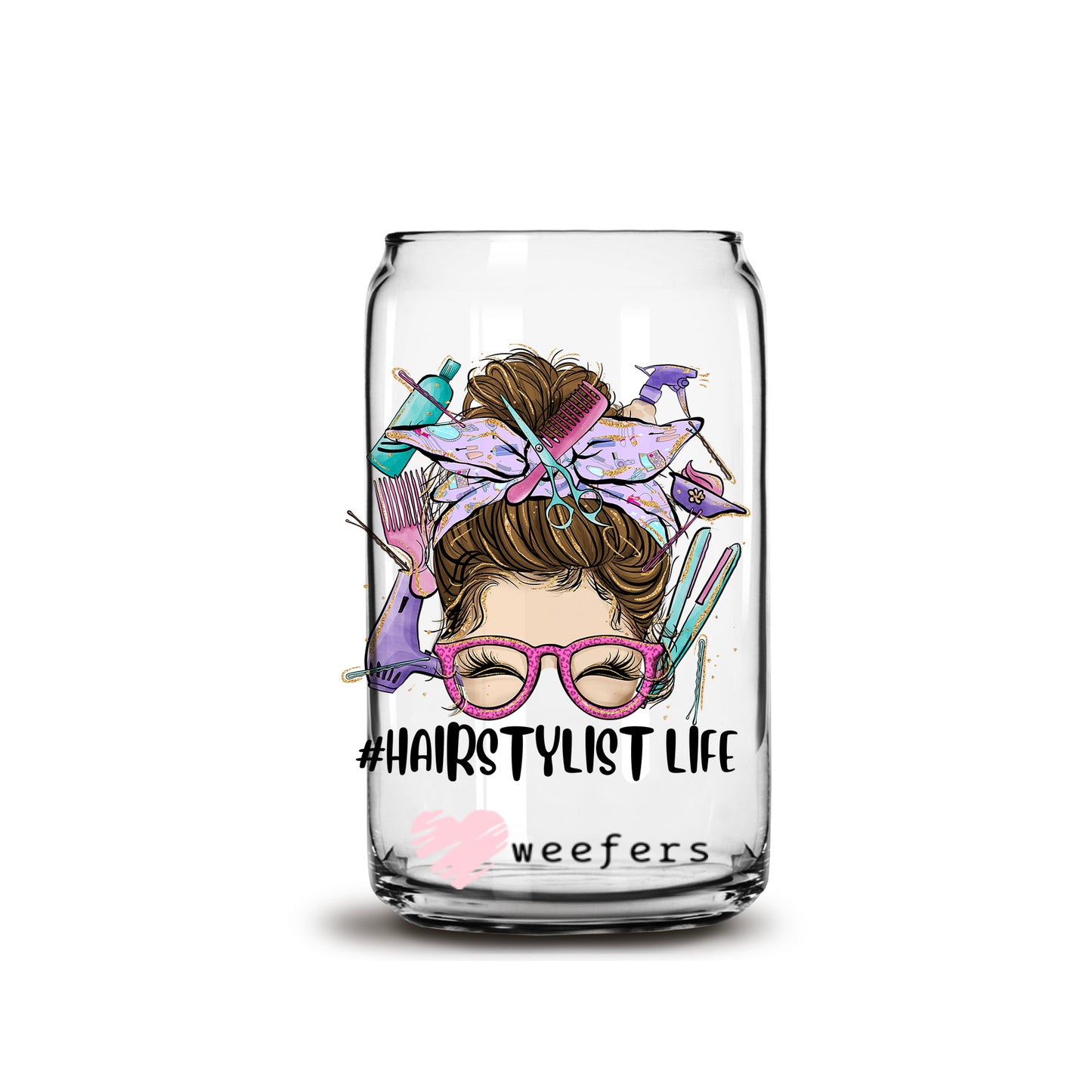 Hair Stylist Life Messy Bun 16oz Libbey Glass Can UV DTF or Sublimation Wrap - Decal - Weefers