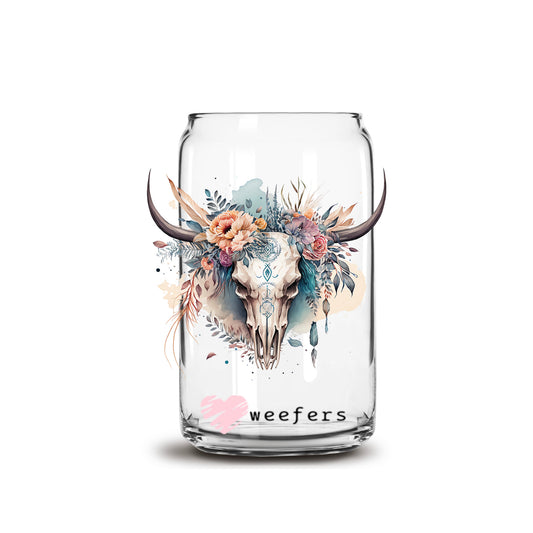 Cow Skull Floral 16oz Libbey Glass Can UV DTF or Sublimation Cup Wrap - Decal Transfer - Weefers