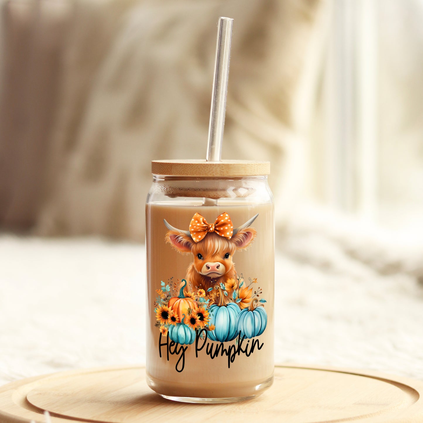 Hey Pumpkin Baby Cow Fall 16oz Libbey Glass Can UV DTF or Sublimation Wrap - Decal - Weefers