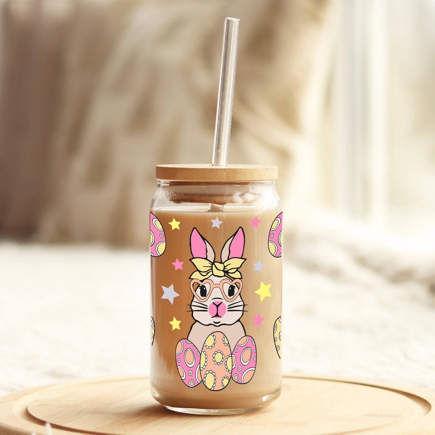 Cute Bunny and Eggs Easter 16oz Libbey Glass Can UV DTF or Sublimation Cup Wrap - Decal Transfer - Weefers