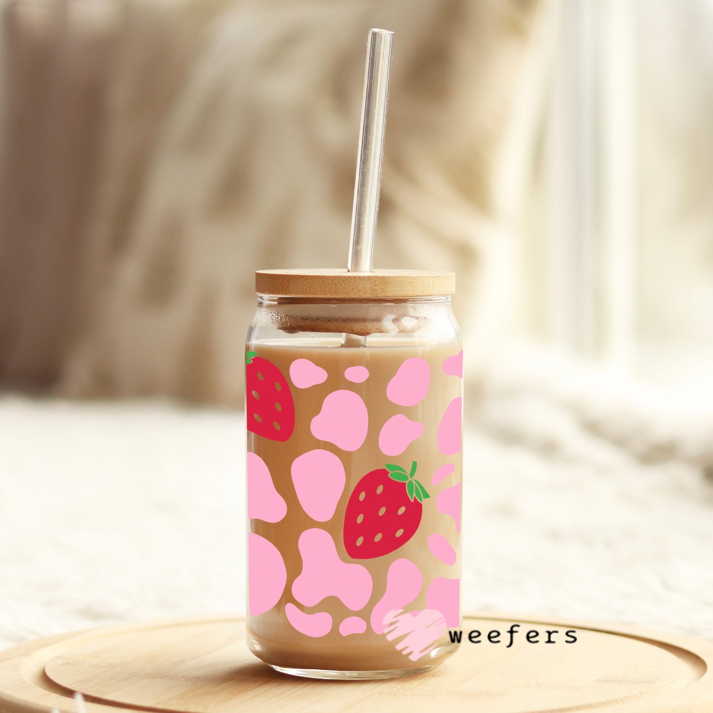 Red Strawberry Pink Cow Print Libbey Glass Can Wrap UV DTF Sublimation Transfers - Weefers