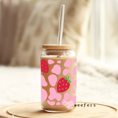 Red Strawberry Pink Cow Print Libbey Glass Can Wrap UV DTF Sublimation Transfers - Weefers