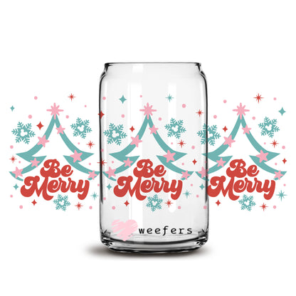 Be Merry Christmas 16oz Libbey Glass Can UV DTF or Sublimation Cup Wrap - Decal Transfer - Weefers