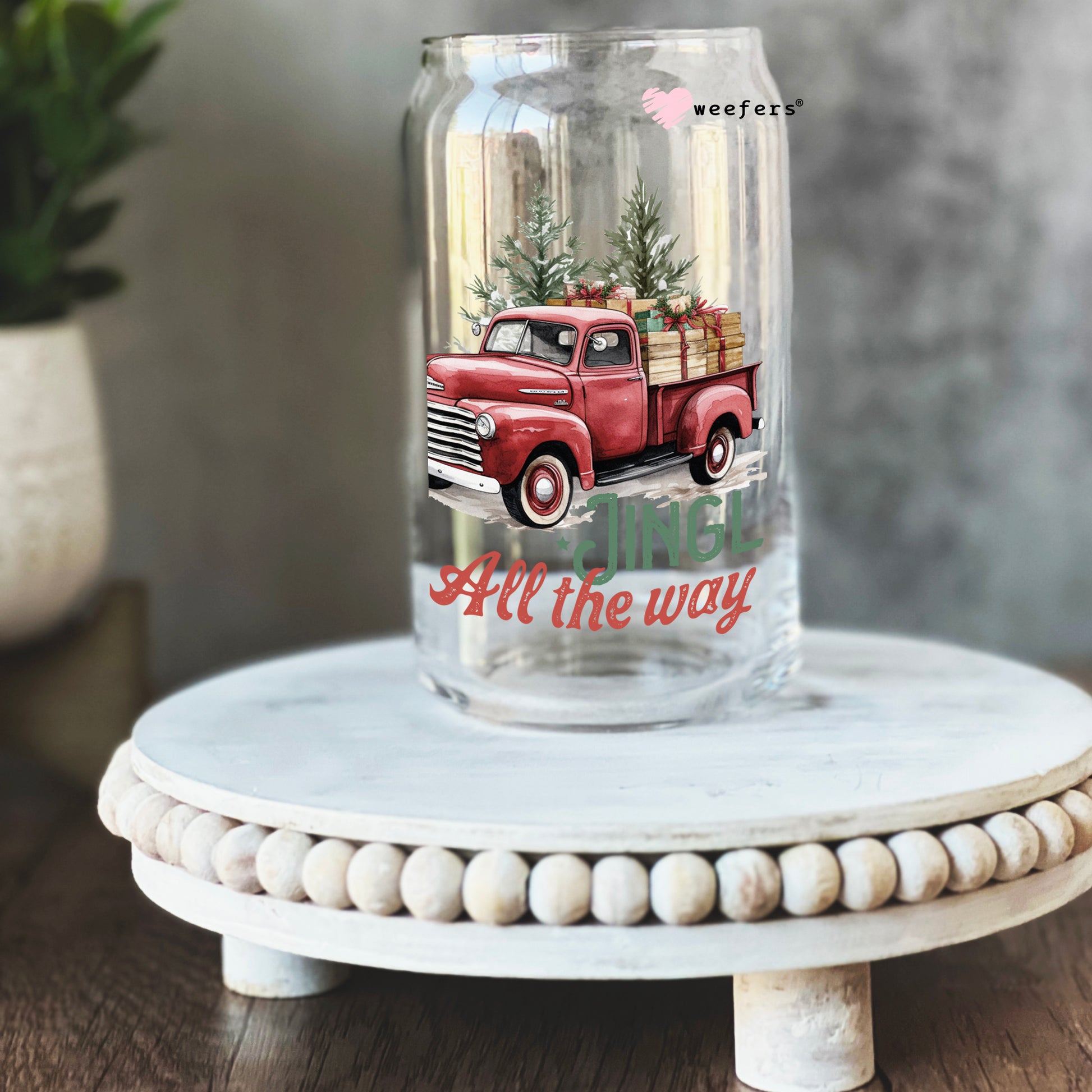 Jingle all the Way Vintage Christmas Truck 16oz Libbey Glass Can UV DTF or Sublimation Wrap - Decal - Weefers