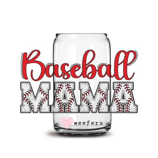 Baseball Mama Red 16oz Libbey Glass Can UV DTF or Sublimation Cup Wrap - Decal Transfer - Weefers