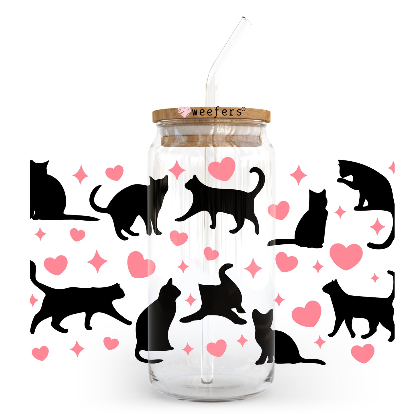 Black Cats Pink Hearts 20oz Libbey Glass Can, 34oz Hip Sip, 40oz Tumbler UV DTF or Sublimation Decal Transfer - Weefers