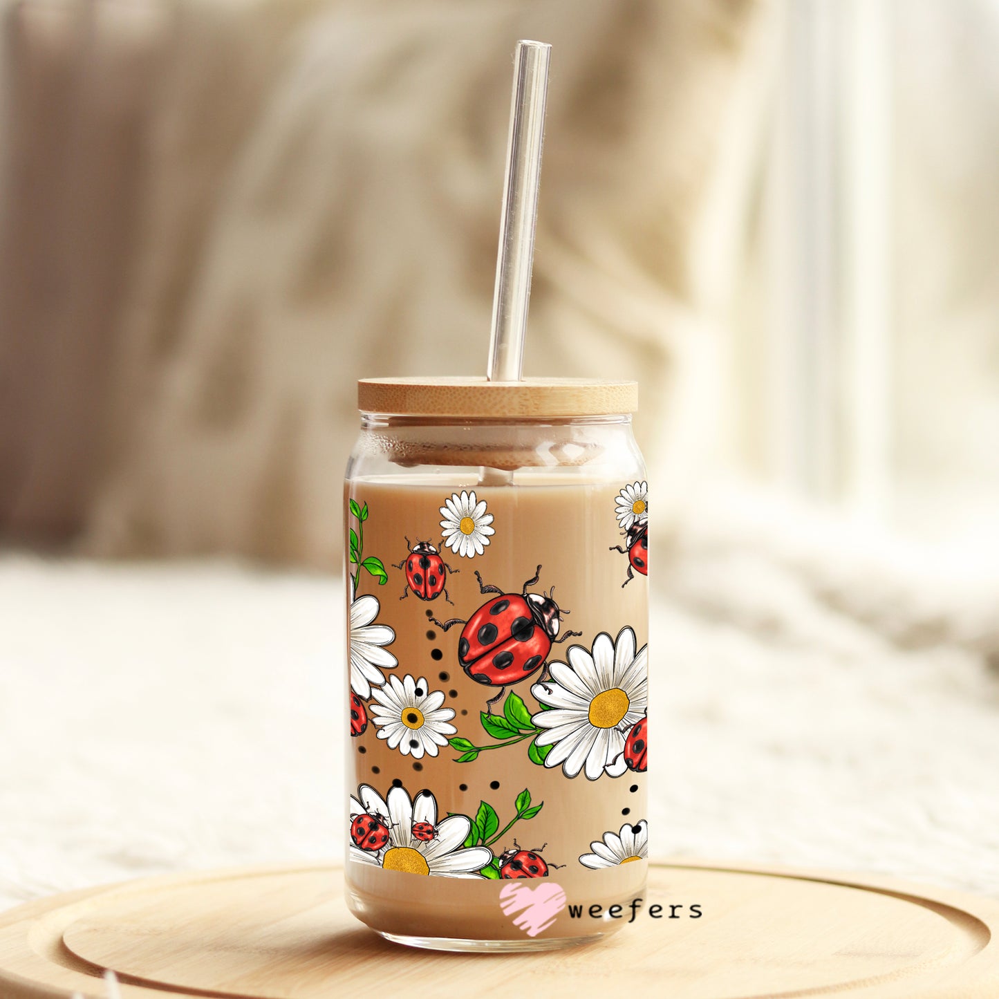 Daisies and Lady Bugs 16oz Libbey Glass Can UV DTF or Sublimation Wrap - Decal - Weefers