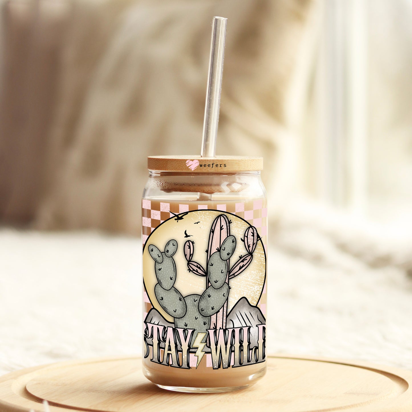 Stay Wild Cactus 16oz Libbey Glass Can UV DTF or Sublimation Cup Wrap - Decal Transfer - Weefers