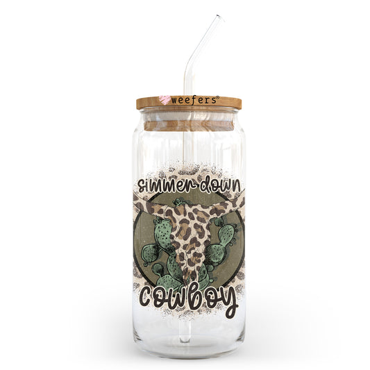 Simmer Down Cowboy Cow Skull 20oz Libbey Glass Can UV DTF or Sublimation Wrap - Decal Transfer Weefers