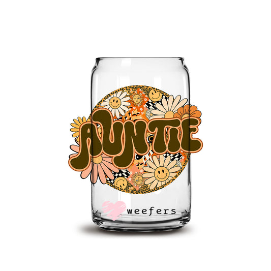 Retro Floral Auntie 16oz Libbey Glass Can UV DTF or Sublimation Wrap - Decal Weefers
