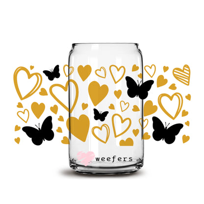 Gold Hearts and Black Butterflies 16oz Libbey Glass Can UV DTF or Sublimation Wrap - Decal - Weefers