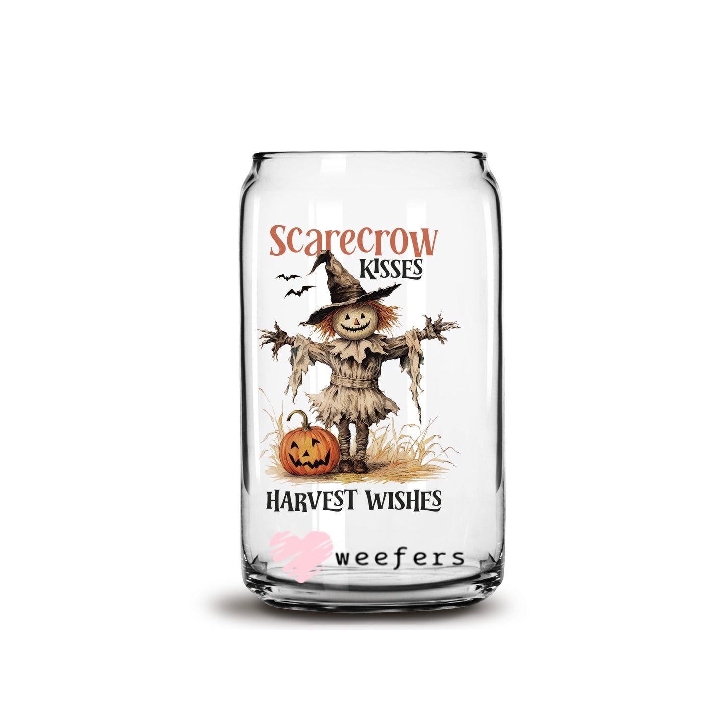 Scarecrow Kisses Harvest Wishes Vintage Fall 16oz Libbey Glass Can UV DTF or Sublimation Wrap - Decal - Weefers