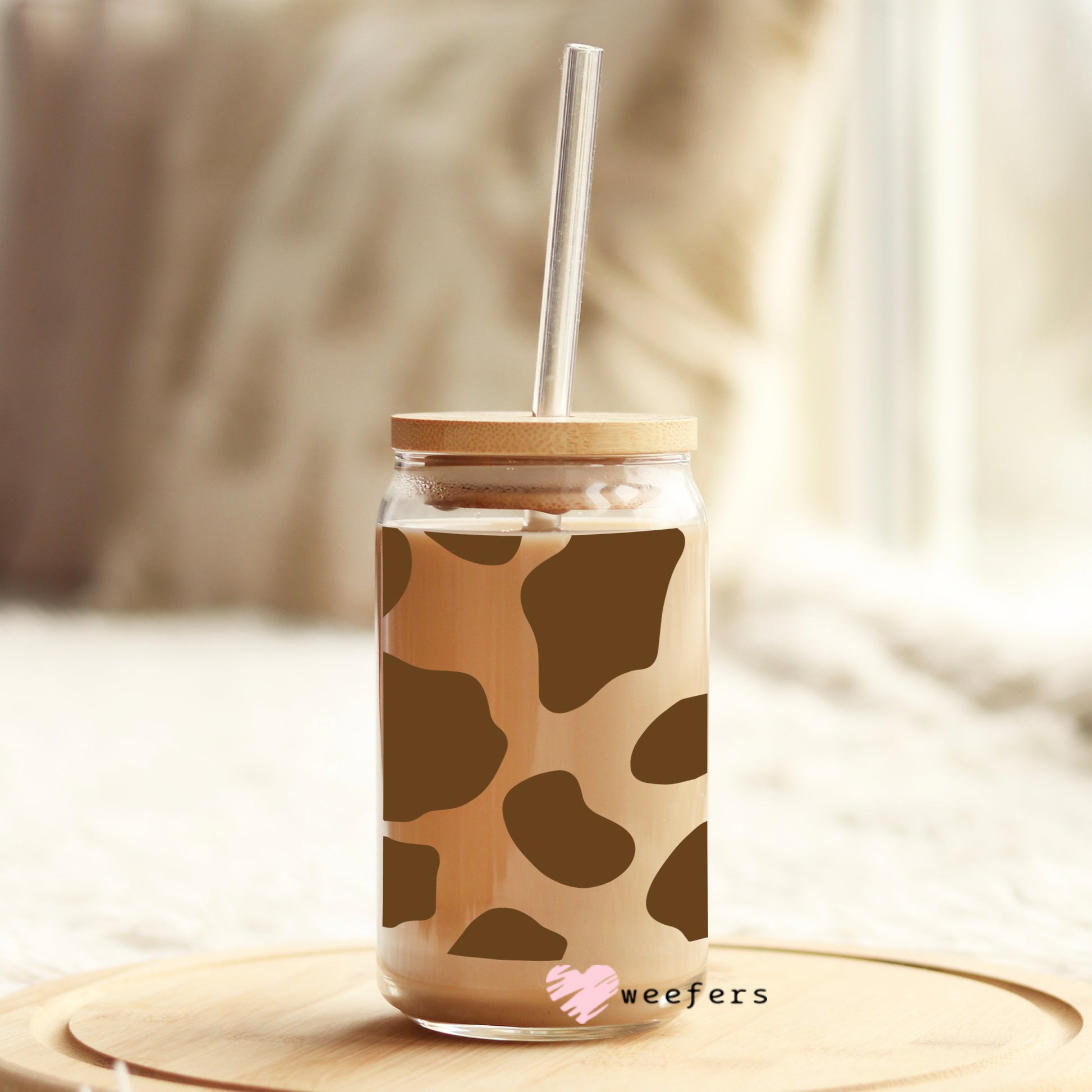 Brown Cow Print 16oz Libbey Glass Can UV DTF or Sublimation Wrap - Decal - Weefers