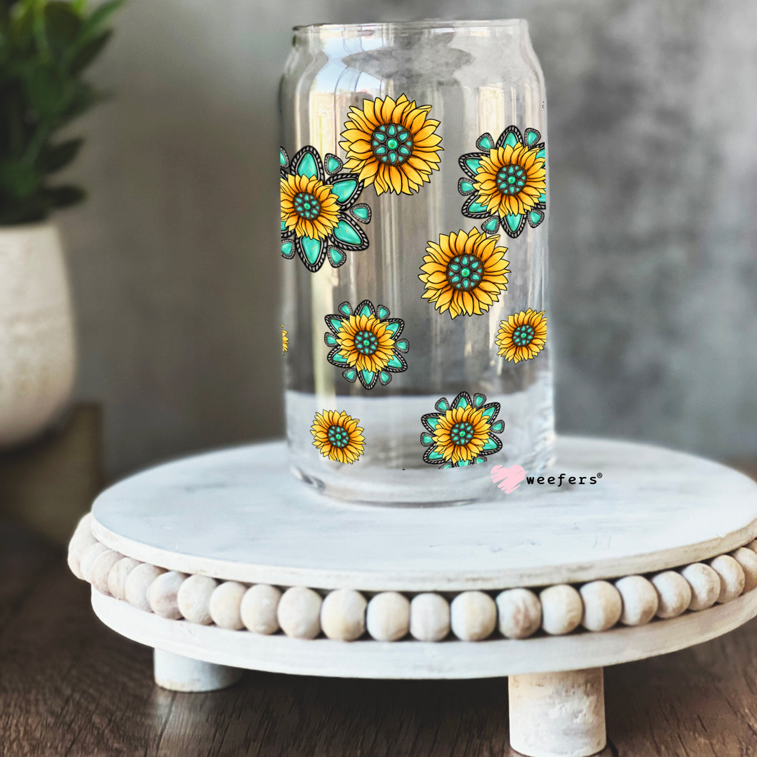 Turquoise Sunflowers Libbey Glass Can UV-DTF or Sublimation Wrap - Decal