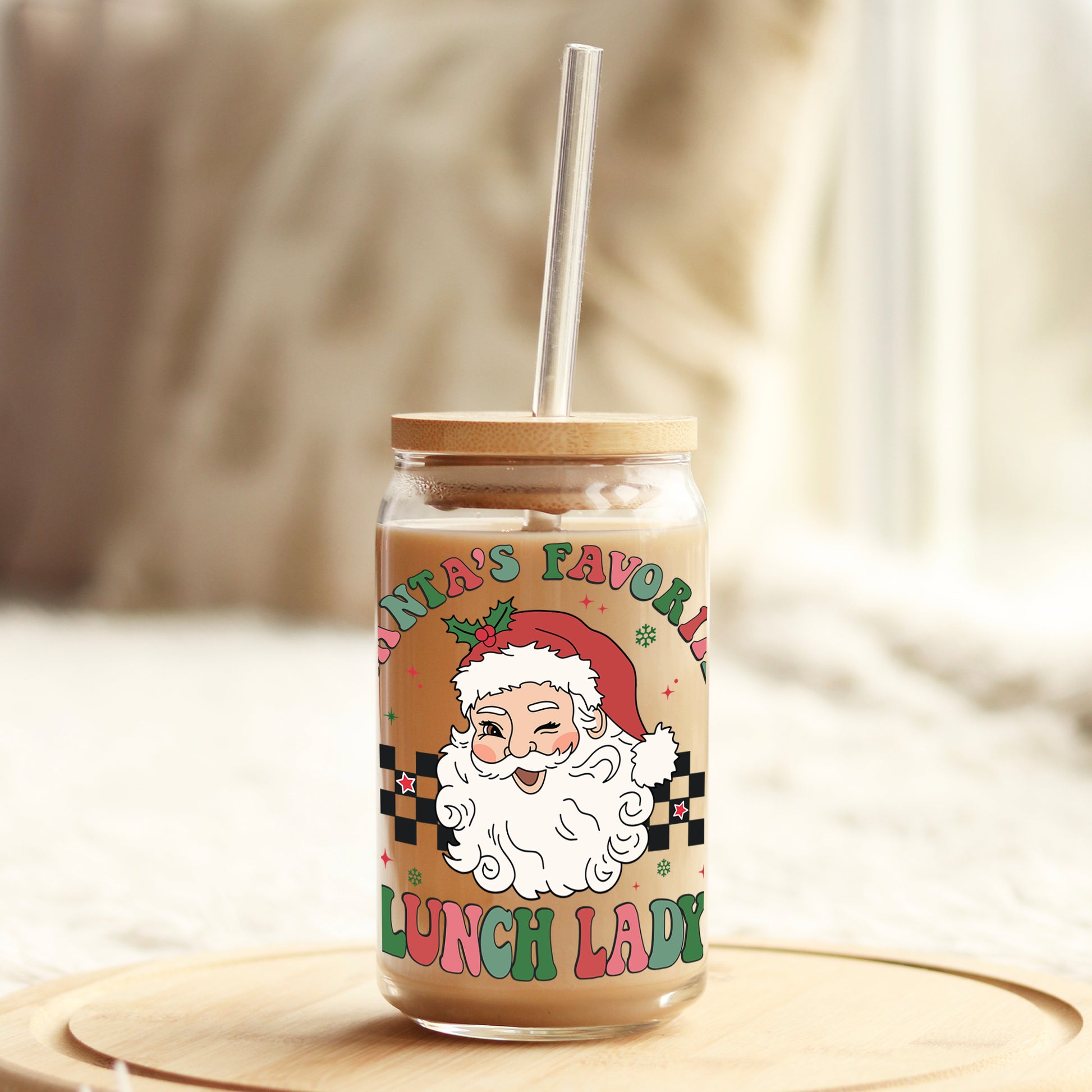 Santa's Favorite Lunch Lady Christmas 16oz Libbey Glass Can UV DTF or Sublimation Wrap - Decal - Weefers