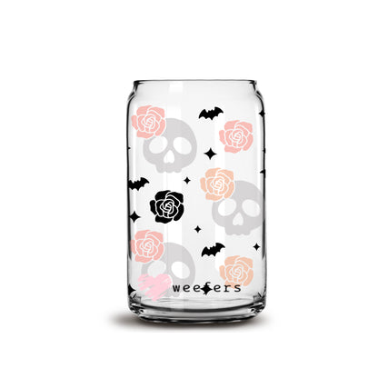 Pink Roses and Skulls 16oz Libbey Glass Can UV DTF or Sublimation Wrap - Decal - Weefers