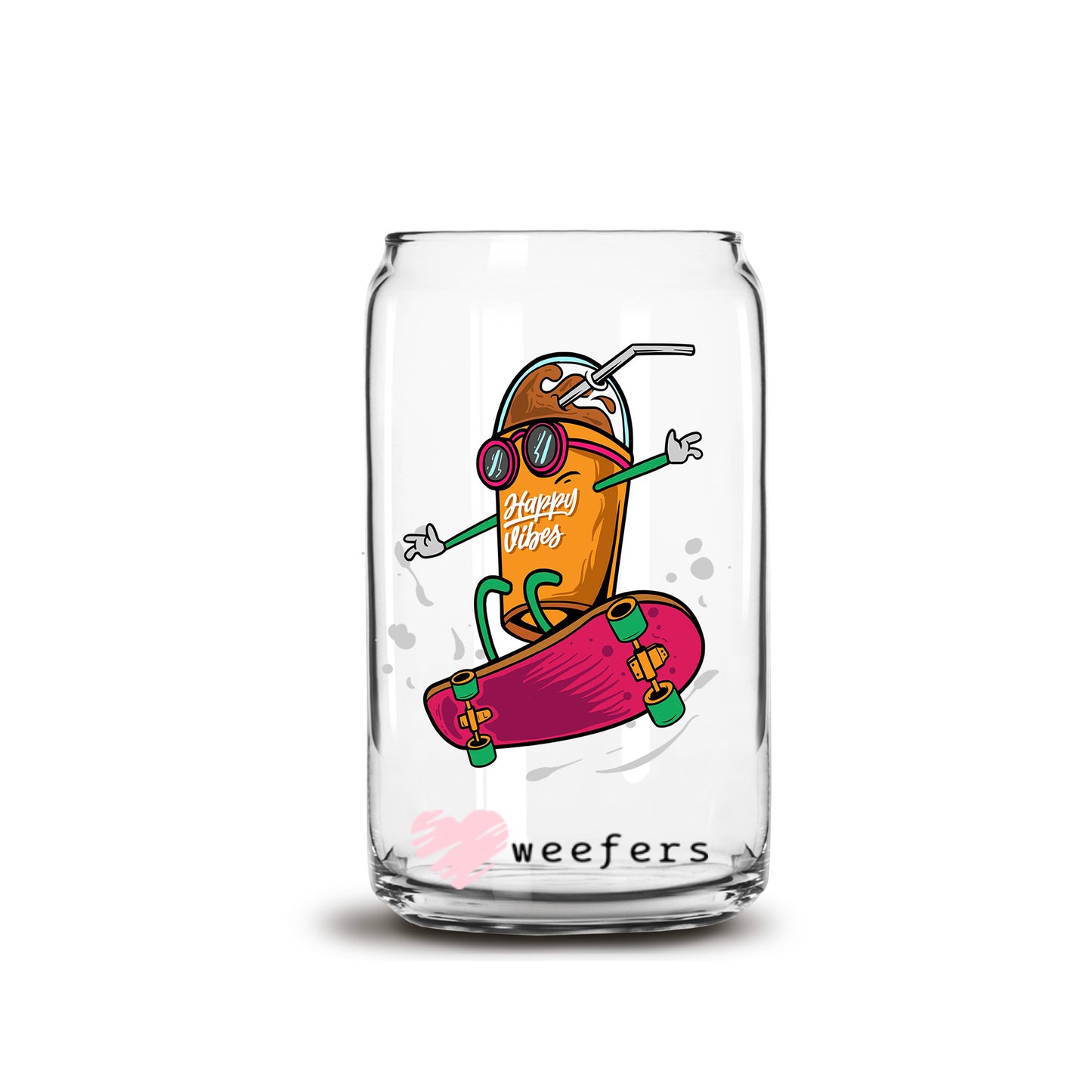 Happy Vibes Skateboarder 16oz Libbey Glass Can UV DTF or Sublimation Cup Wrap - Decal - Weefers