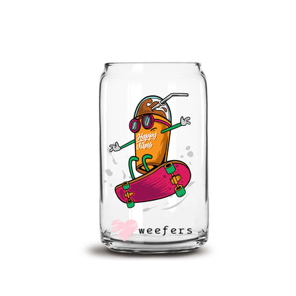 Happy Vibes Skateboarder 16oz Libbey Glass Can UV DTF or Sublimation Cup Wrap - Decal - Weefers