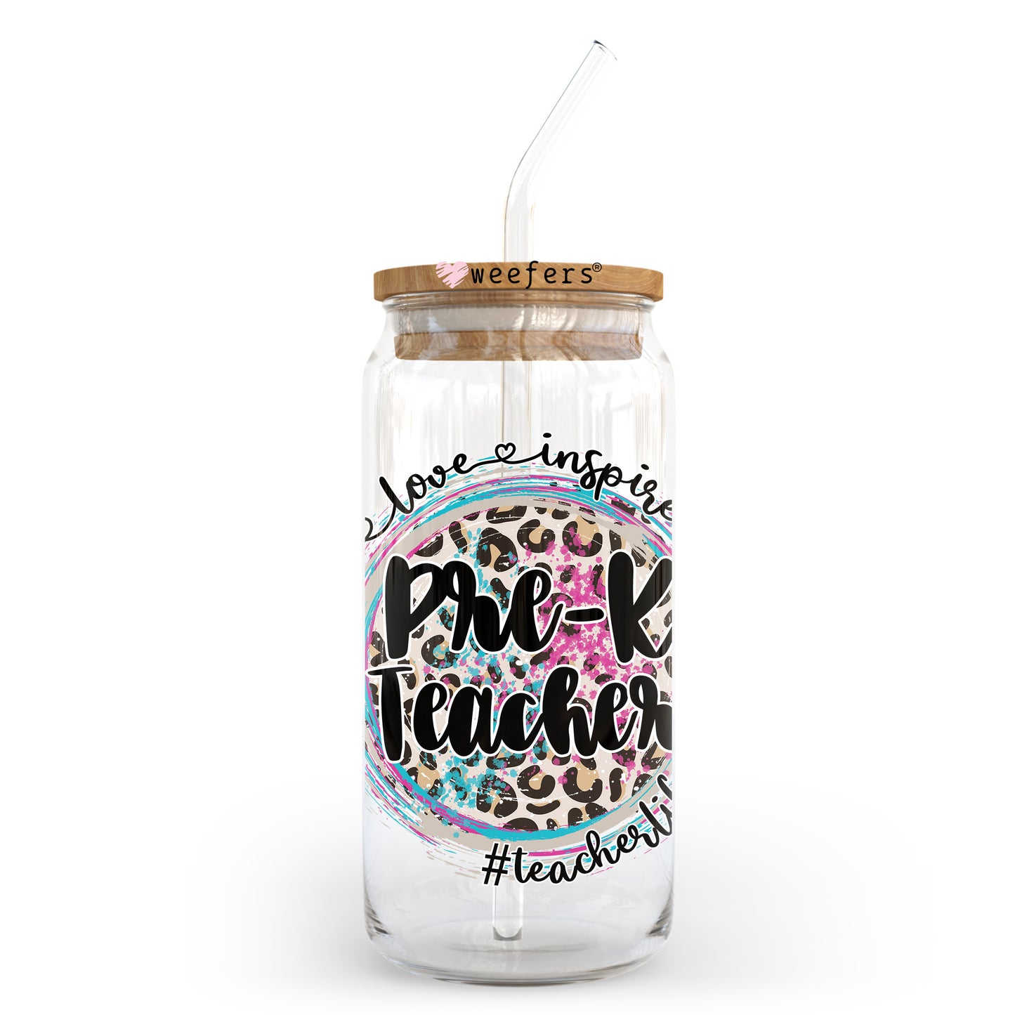 Pre-K Teacher Inspire Love 20oz Libbey Glass Can UV DTF or Sublimation Wrap - Decal Transfer Weefers