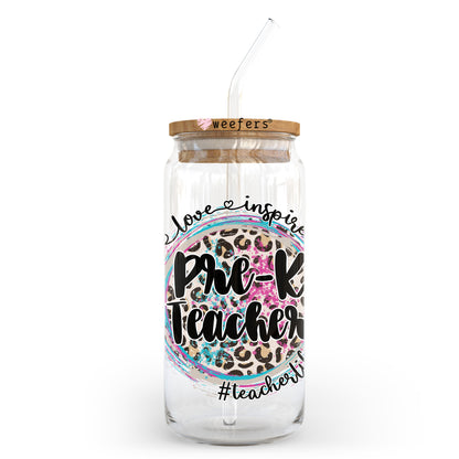 Pre-K Teacher Inspire Love 20oz Libbey Glass Can UV DTF or Sublimation Wrap - Decal Transfer Weefers